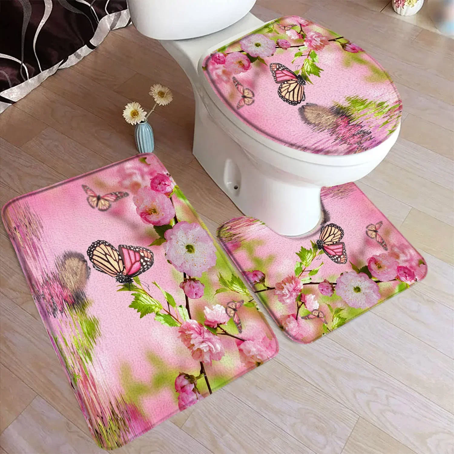 Rustic Flowers Bath Mat Set Yellow Sunflower Butterfly Blue Hydrangea Nature Floral Plant Carpet Bathroom Decor Rug Toilet Cover