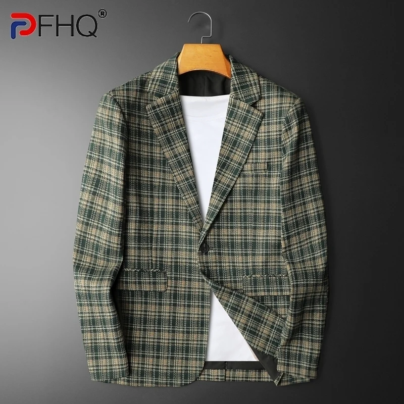 PFHQ 2024 Slim Fit Men's Suit Jacket Plaid Design Contrast Color Long Sleeve Single Breast Casual Male Tops Fashion