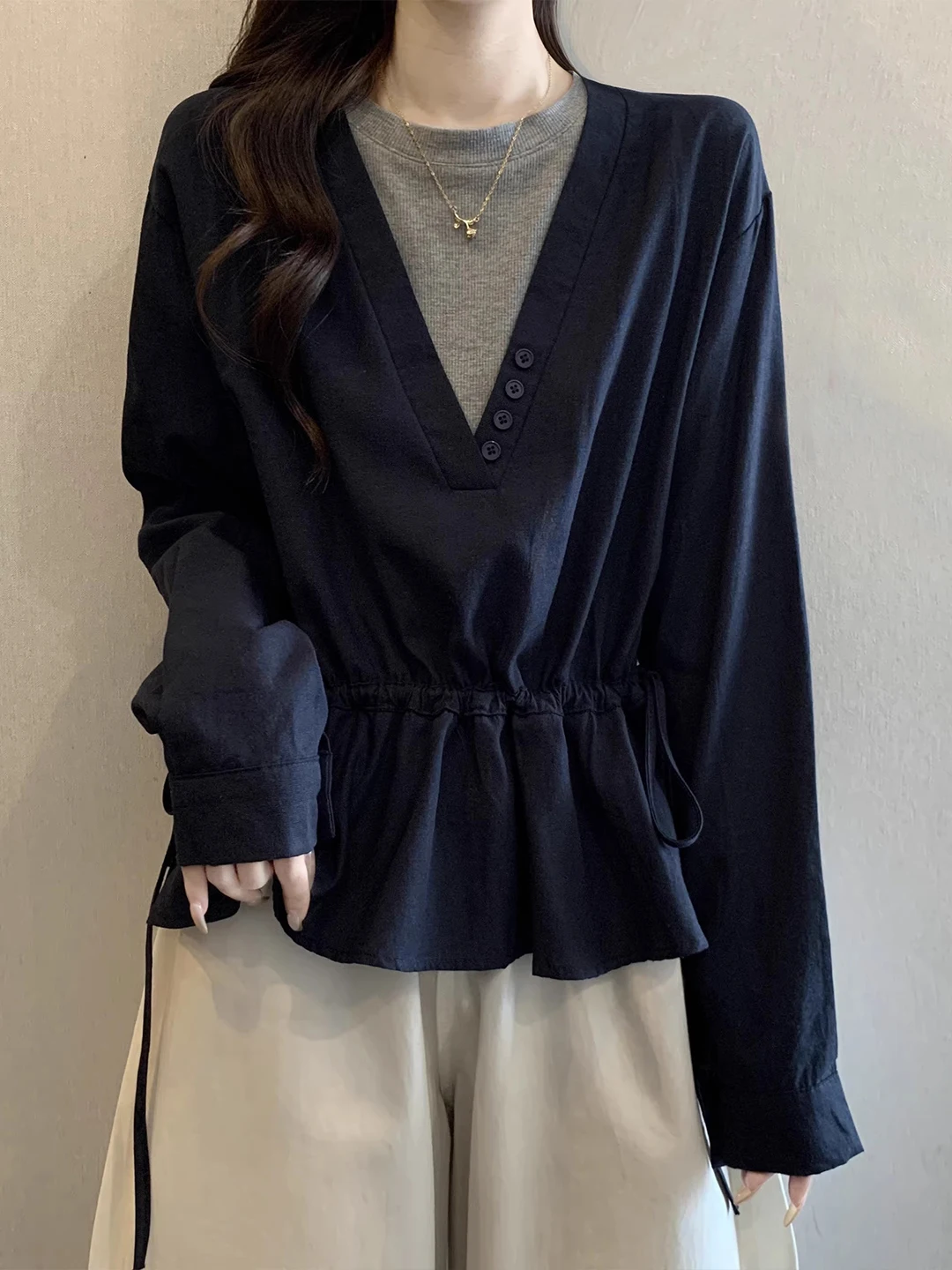 

Ele plus Size Women's Long Sve irt Dstring Waist Hidden Blue Korean Sle Commute Windbreaker Breathable Polyester