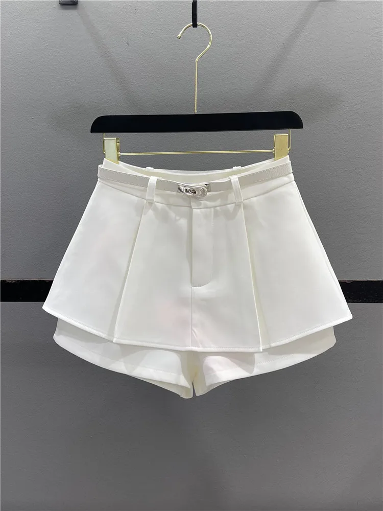 High Waist A-Line  Skirt White Suit Pleated Women's Fashion Design Autumn Style Casual Cotton Blend Zipper Closure