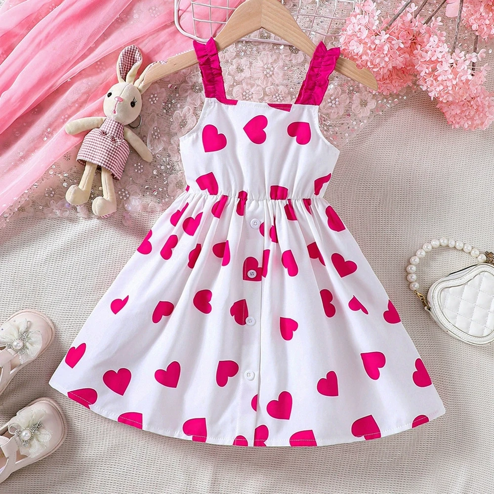 

Kids Girls' Sleeveless A-Line Slip Dress Heart Print Knee-Length Girls Summer Dress Lightweight Party Dress for Beach 2 To 7