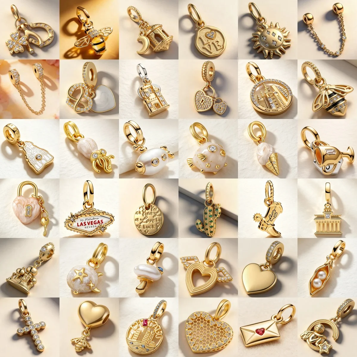 Jewelry Making Set - ชุดจี้ชุบทองรูปทรงซองจดหมาย กระบองเพชร ปุ่งปูนด์ และสุนัข พร้อมสายคล้องนิรภัย ลูกปัด