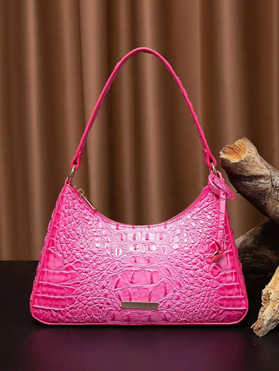 

Crocodile Embossed Hobo Bag With Metal Accents