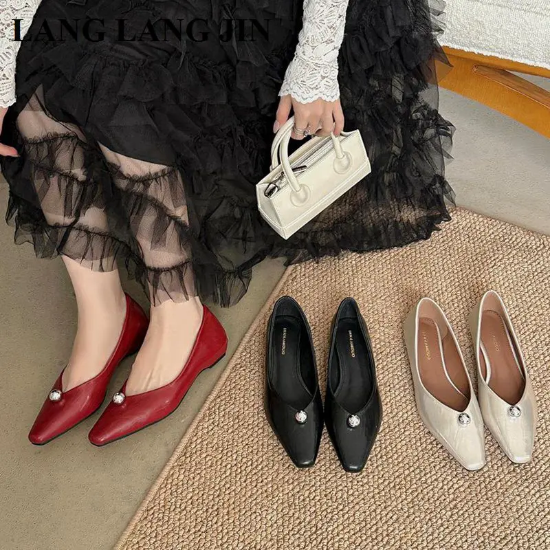 

2025 New Brand Women Flats Shoes Fashion Shallow Ballerina Red Shoes Female Dress Office Moccasin Flat Heel Pointed Toe Footwear
