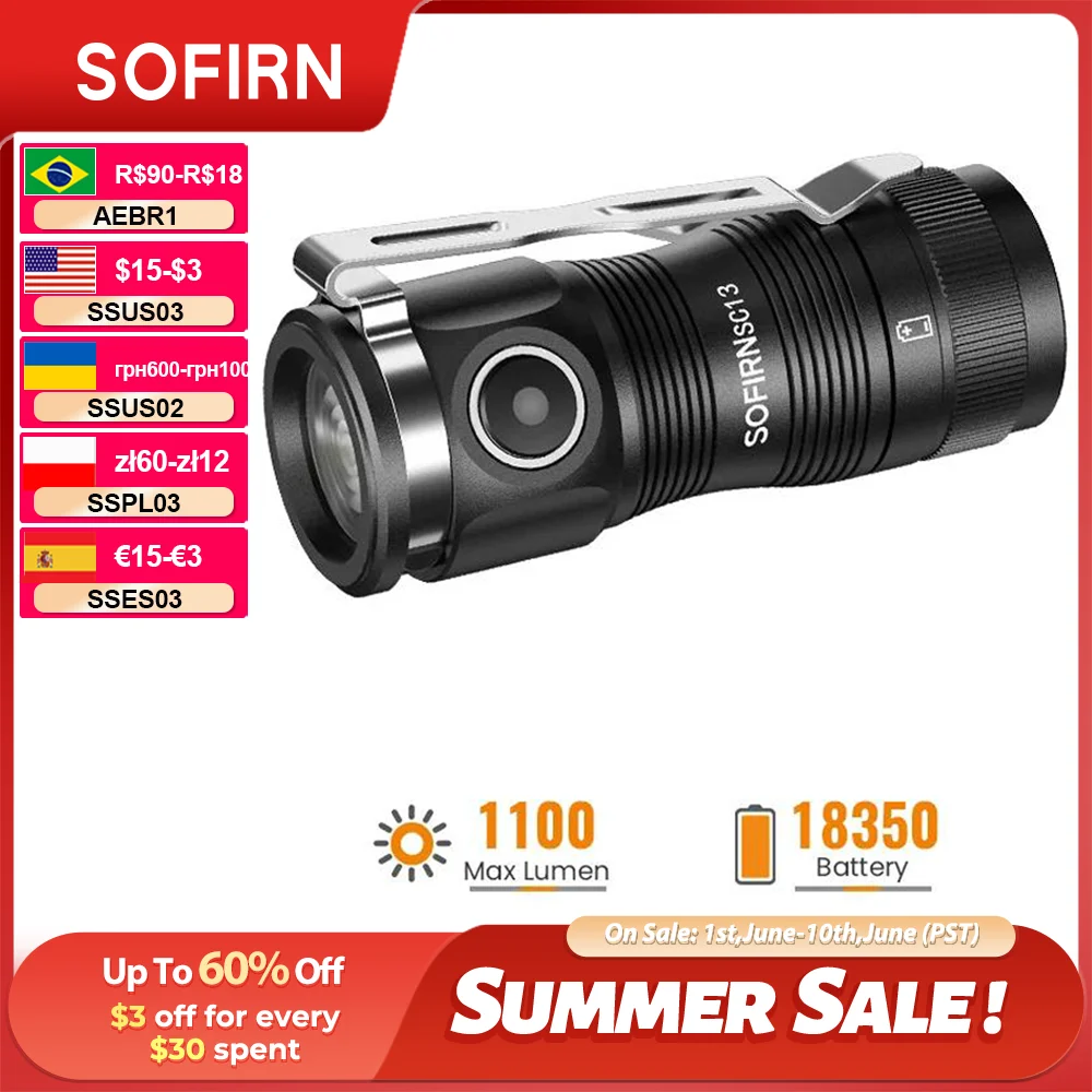 SOFIRN SC13 전술 손전등 1300lm 충전식18350 6000K 블랙 그린 키체인 519A/SST40 LED 비상용 ...