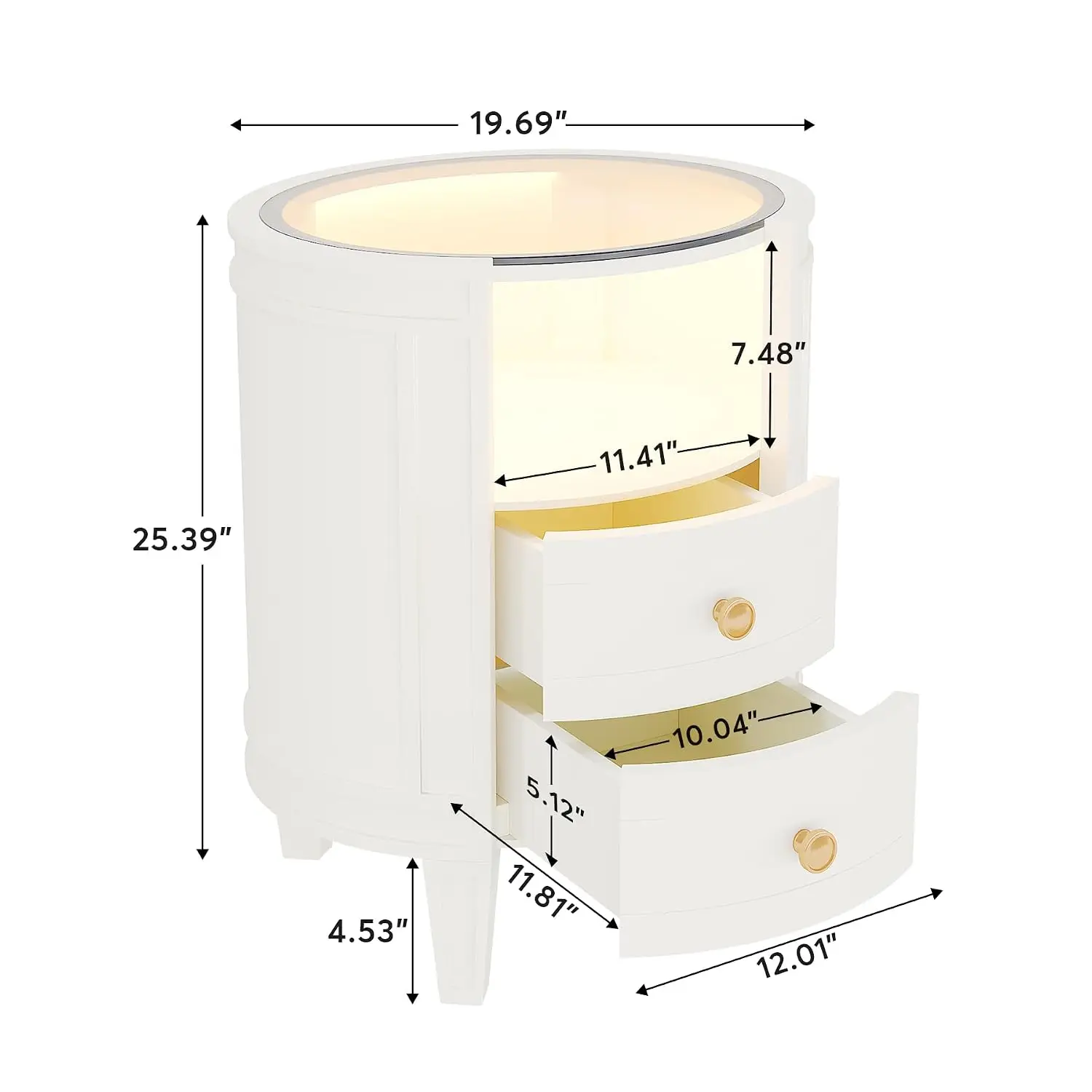 Ivory White Nightstand with LED Glass Top & 2 Drawers, No Assembly Oval Bedside Table for Bedroom, Customized
