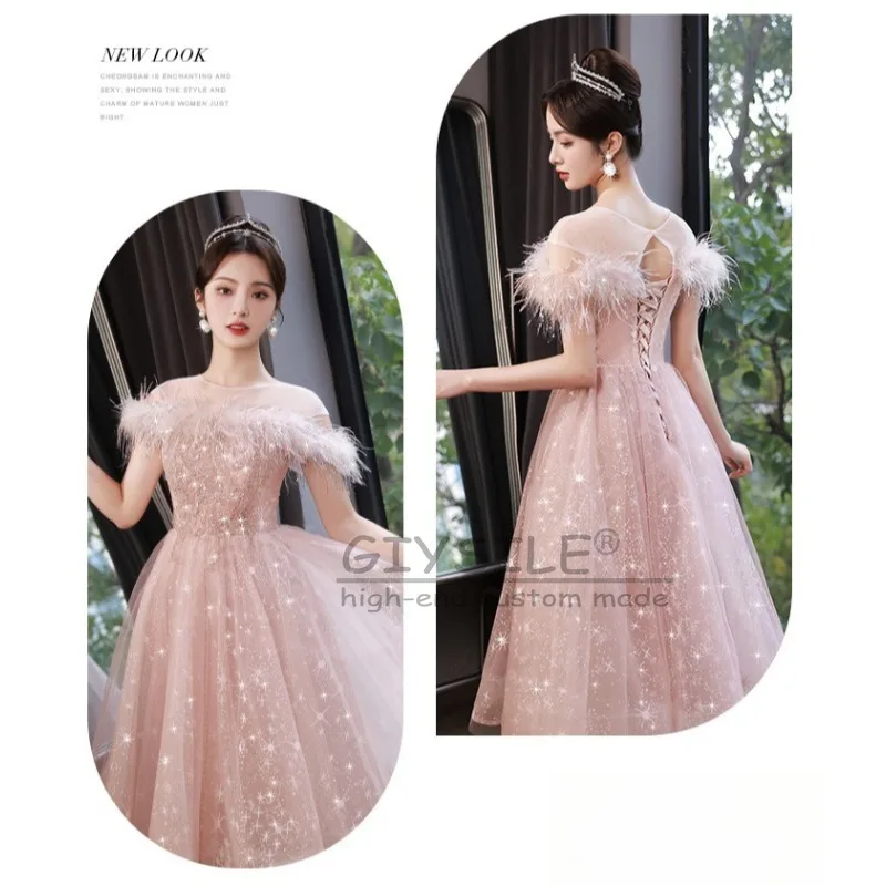 GIYSILE カスタマイズされたピンクのスパンコールフェザーイブニングドレス女性 2025 新ファッションプリンセスパーティー A ラインストラップバックショルダークランプ