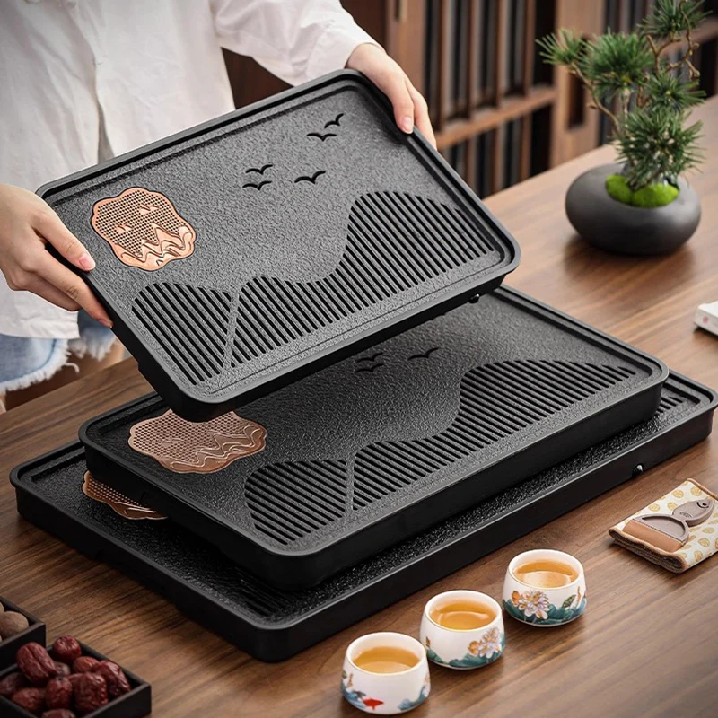 Rectangle Tableware Tea Tray Black Stone Serving Luxury Accessories Office Hospitality Tea Tray Drainage Bandejas Home Products