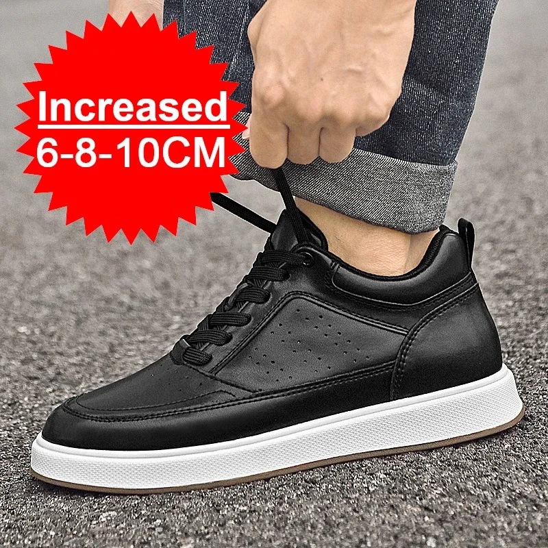Mid Top Elevator Sneakers for Men 10CM Invisible Inner Height Increase Breathable Leather Shoes Platform Casual Skate Board Shoe