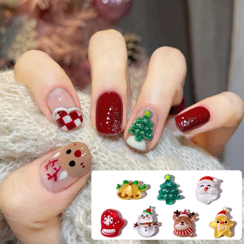 10Pcs Christmas Cartoon Tree Elk Bells Nail Art Charms Santa Claus 3D Kawaii Nail Rhinestones For New Year Manicure Decoration