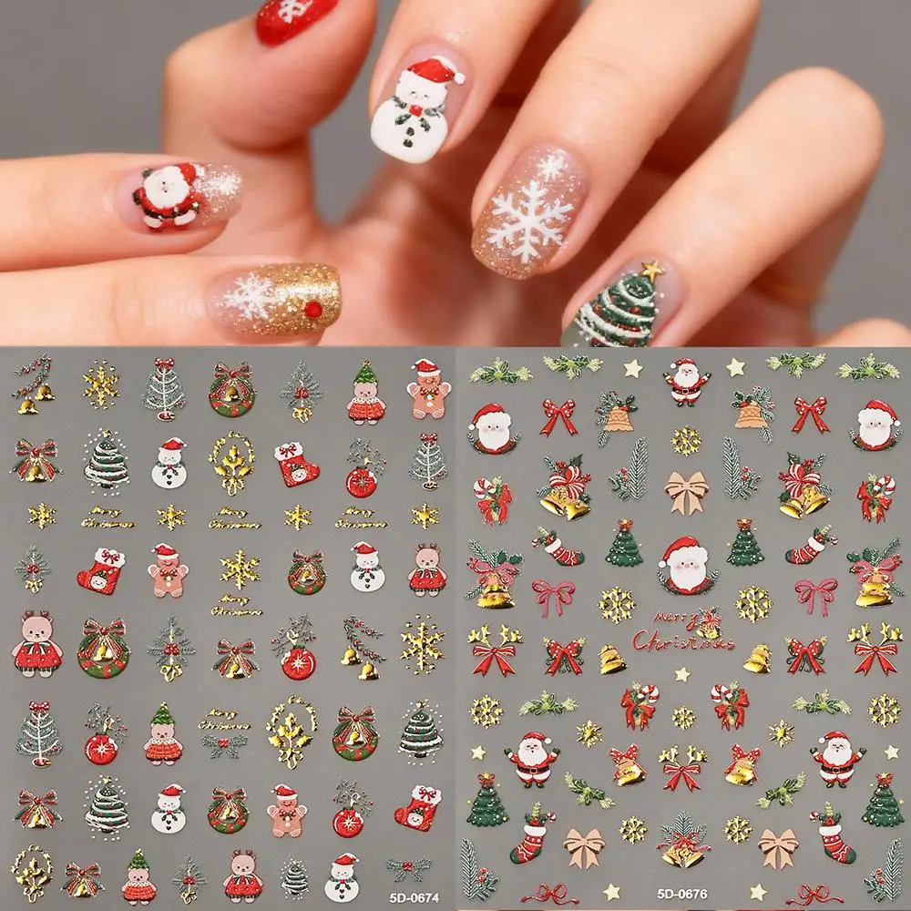 2 قطعة 5D تنقش عيد الميلاد مسمار ملصقات الشتاء الثلج كريستال الكرة سانتا كلوز مسمار مائي عيد الميلاد ذاتية اللصق مانيكير المنزلق