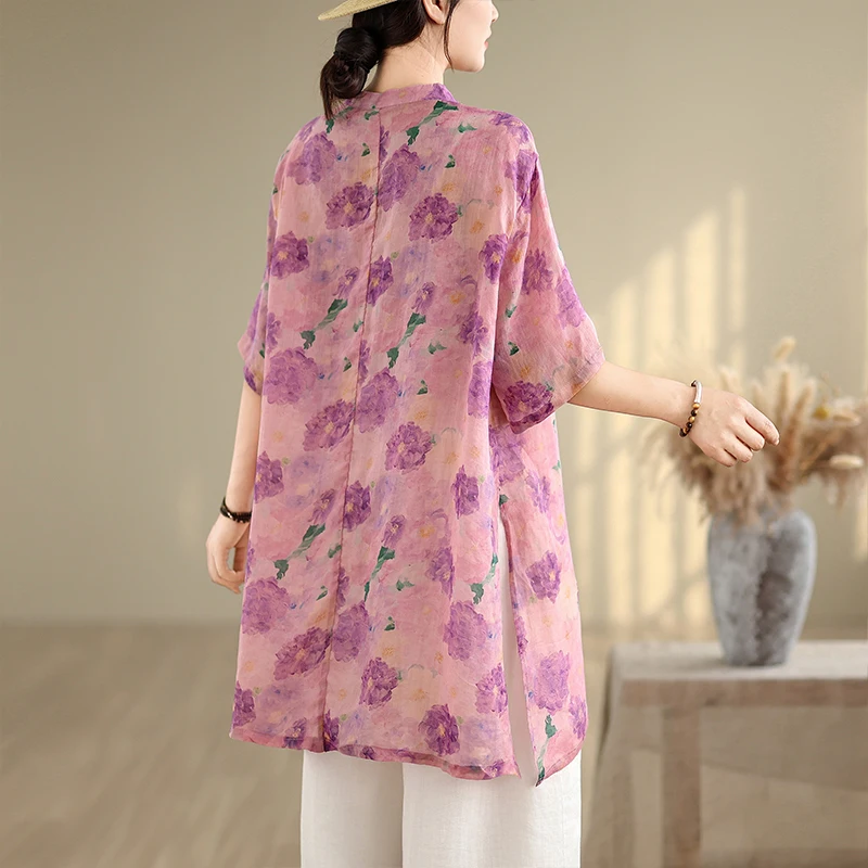 Camicetta da donna cinese di media lunghezza con stampa floreale casual, colletto rialzato, tendenza nazionale artistica, fibra di poliestere, ort...