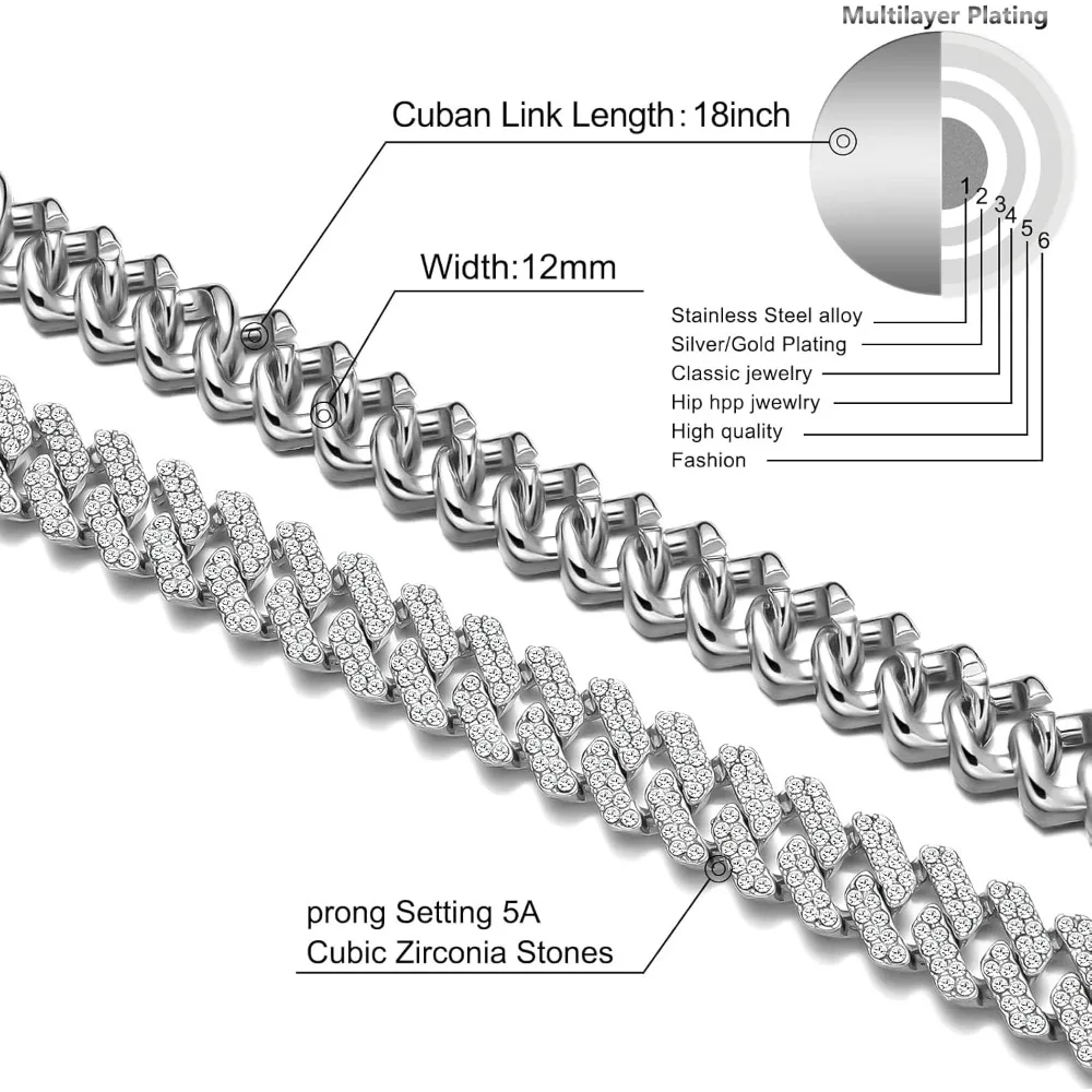 ميامي الكوبية ربط سلسلة قلادة للرجال والنساء 12 مللي متر الماس الشق الهيب هوب مجوهرات 18 20 24 بوصة طول #1