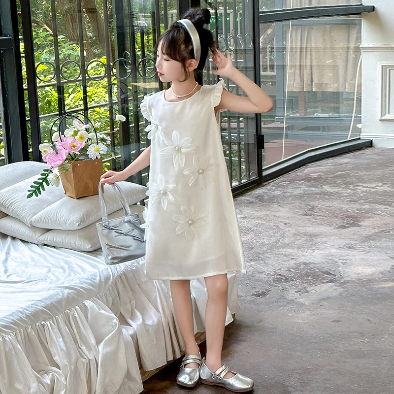 Girls Dress 2024 Summer New Childrens Wear Foreign Sweet Three-dimensional Flower Vest Flying Sleeve Princess Dress Casual image 3