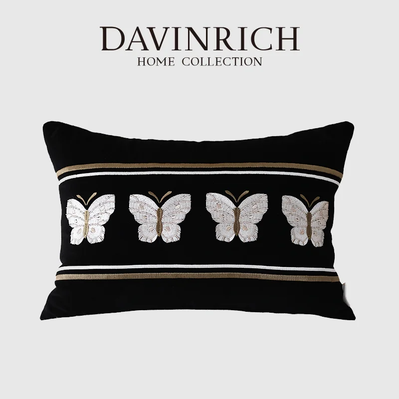 

DAVINRICH Butterfly Embroidered Lumbar Pillow Cover 35x50cm Retro Black Velvet Rectangle Cushion Cases Medieval Style Home Décor