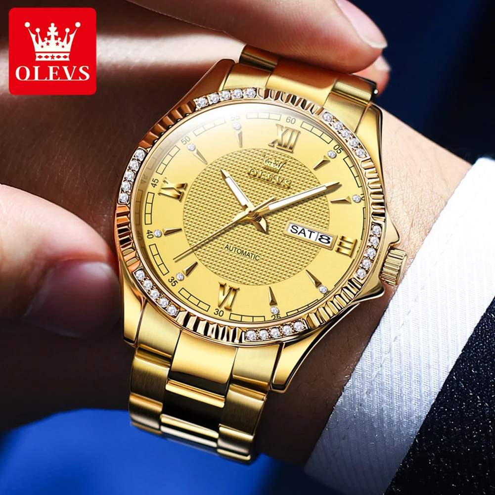 OLEVS Roman Diamond Gold Men\'s Wrist watch Luxury Calendar Window Waterproof Stainless Steel Automatic Watch for Men Original