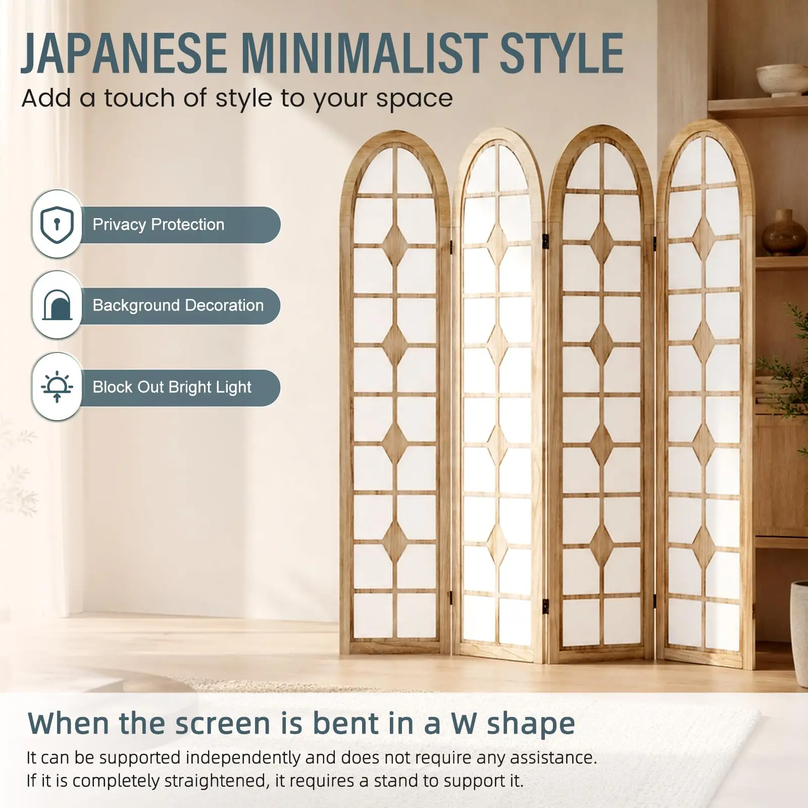 4 Panel Shoji Room Divider, Wood Folding Privacy Sn, Natural