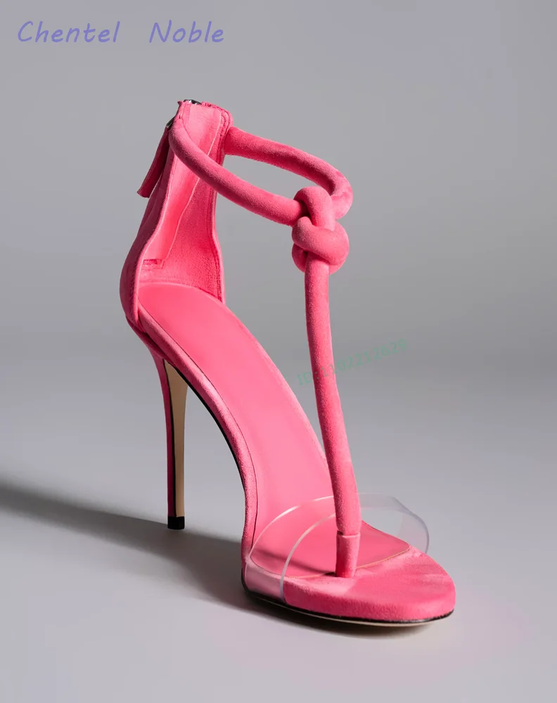 Pink Suede Top Clear PVC Toe Strap Sandals Round Toe Back Zipper Thin High Heels T-stage Shape Summer Women Shoes 2024 New