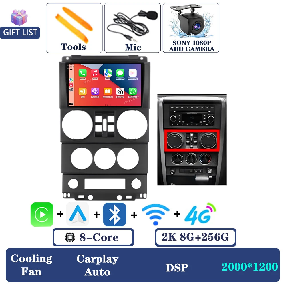 Android 16 autoradio voor Jeep Wrangler 3 JK 2008 - 2010 QLED multimediasysteem videospeler 2DIN Qualcomm 4G LTE 5G WIFI BT GPS - afbeelding 1