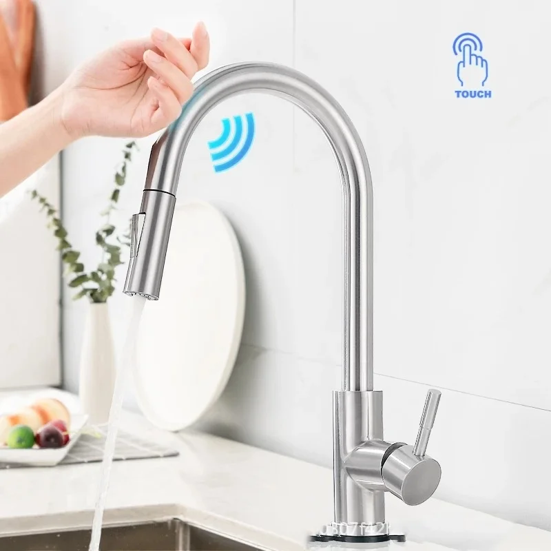 Kitchen Sink Faucet Smart Induction Mixed Tap Touch Control Pull Down Sprayer Handle Stainless Steel Kitchen Sink Faucet  ﻿