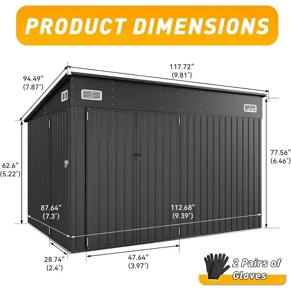 8x10ft Metal Outdoor Utility Shed with Galvanized Steel, Sloped Roof for Lawn Mower, Bikes, and Garden Tools (Black)