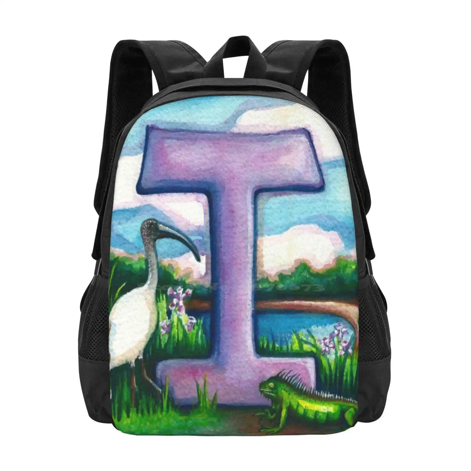 Alphabet Letter I Backpacks For School Teenagers Girls Travel Bags Watercolor Alphabet Letter I Emily L Taylor Ibis Iguana Iris