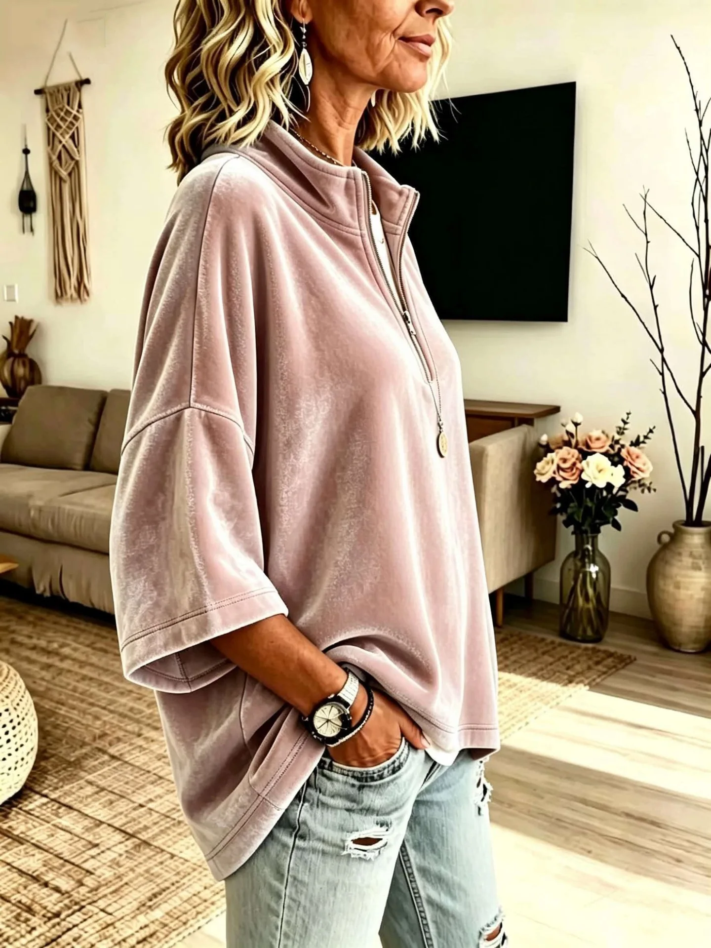 Autumn Winter Velvet Solid Half Zip Sweatshirts Stand Collar 3/4 Sleeve Loose Casual Pullover Tops Women Vacation Daily Hoodie