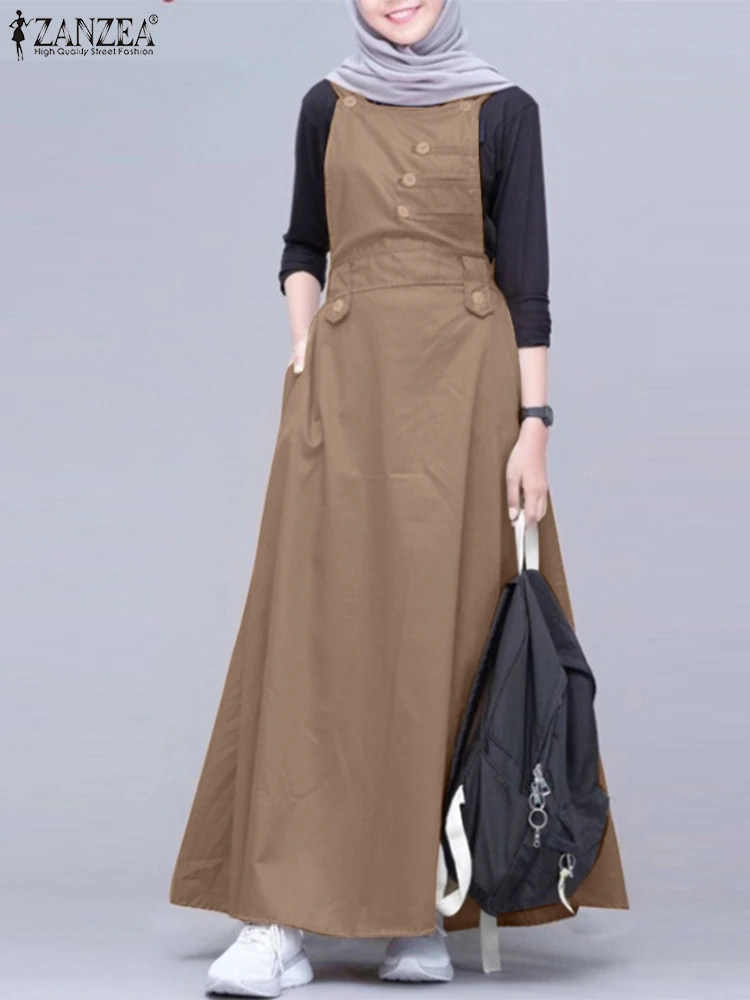 ZANZEA Muslim Fashion Dresses Casual Holiday Long Robe Women Autumn Dress Sleeveless O-Neck Solid Vestidos Sundress Abaya Kaftan