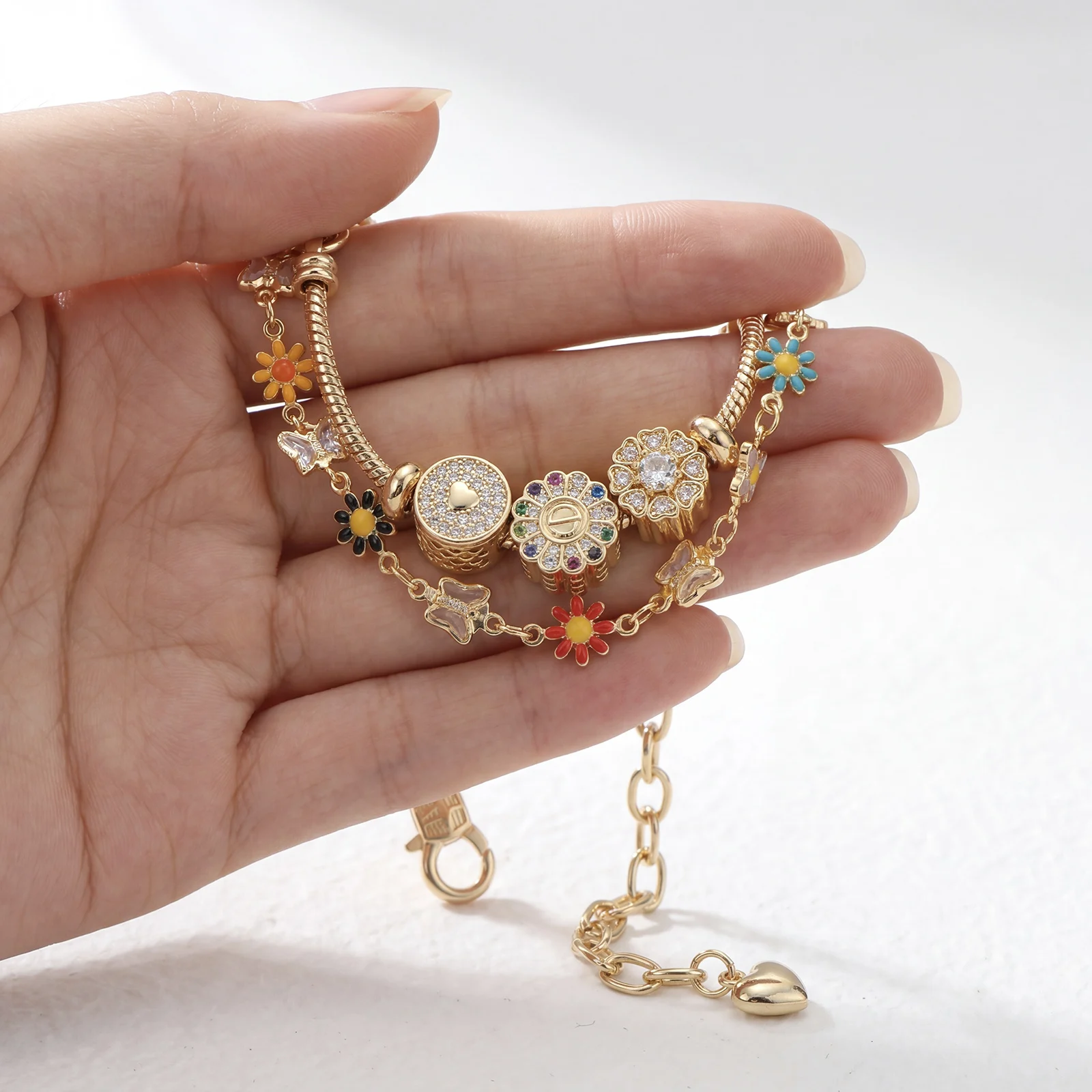 Golden Adjustable Bracelet with Synthetic Zircon Daisy & Butterfly Charms for Women Boho Jewelry Gift