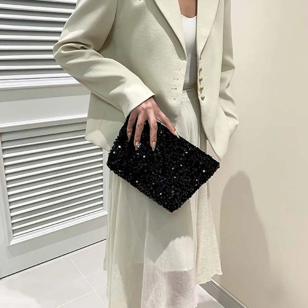 

Square PU Leather Sequins Clutch Pouch Elegant Y2K Large Capacity Banquet Bag White Sweet Women Shiny Handbag Work