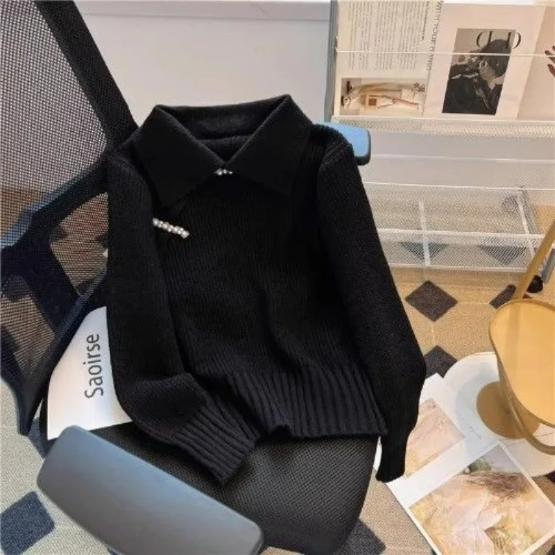 Chinese Style Buttons Elegant Sweater Solid Color Turn-down Collar Knitwear Ladies Autumn Temperament All-match Knitting Tops