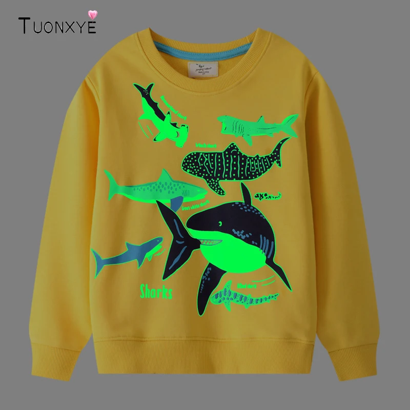 TUONXYE Boys Long Sleeve Sweatshirts Cartoon Luminous Shark Dinosaur Knitting Breathable Soft Cotton Children Top Clothes