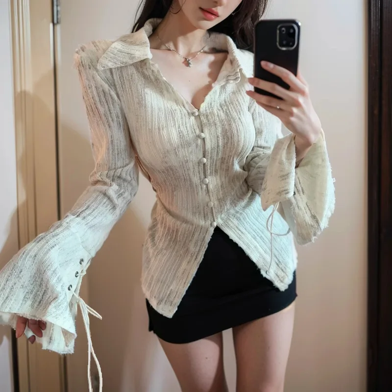 

Long-sleeved Shirt Women's Autumn New Spice Girl Slim and Pure Design Lapel Top