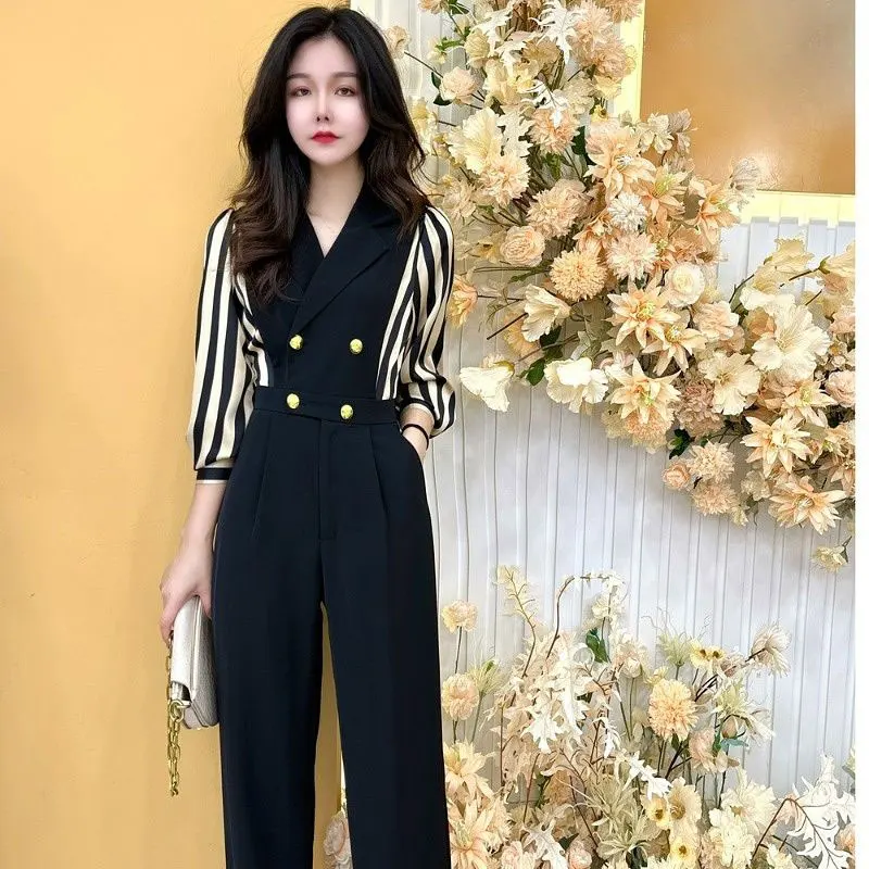 Spring Elegant Fashion Harajuku Slim Fit Female Clothes Loose Casual All Match High Waist Jumpsuit Stripe Straight Leg Pants