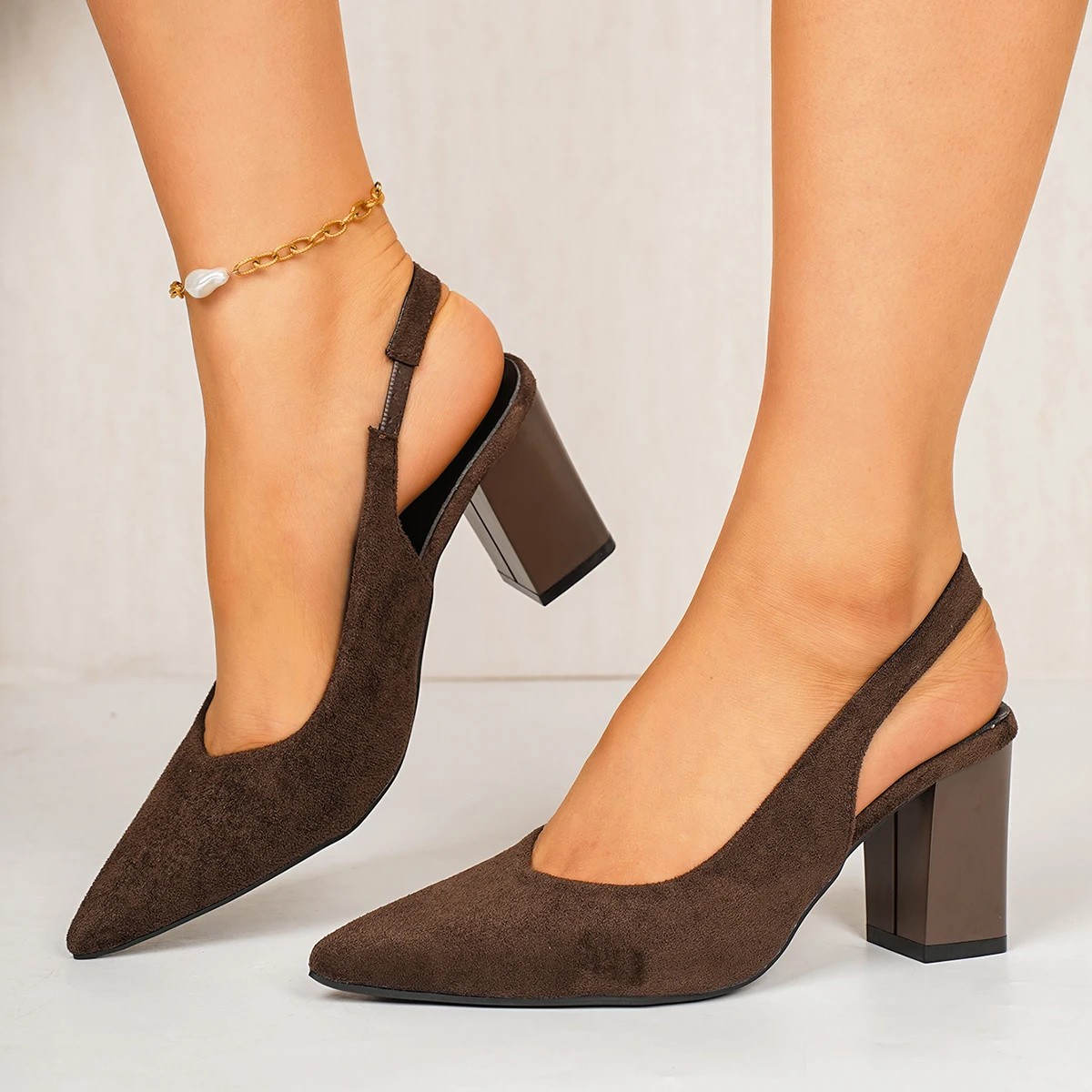 Large Size High Heels Spring 2026 New Simple Fashion Pointed Toe Thick Heel Open Toe Sandals Women's Cross-Border Velvet Surface