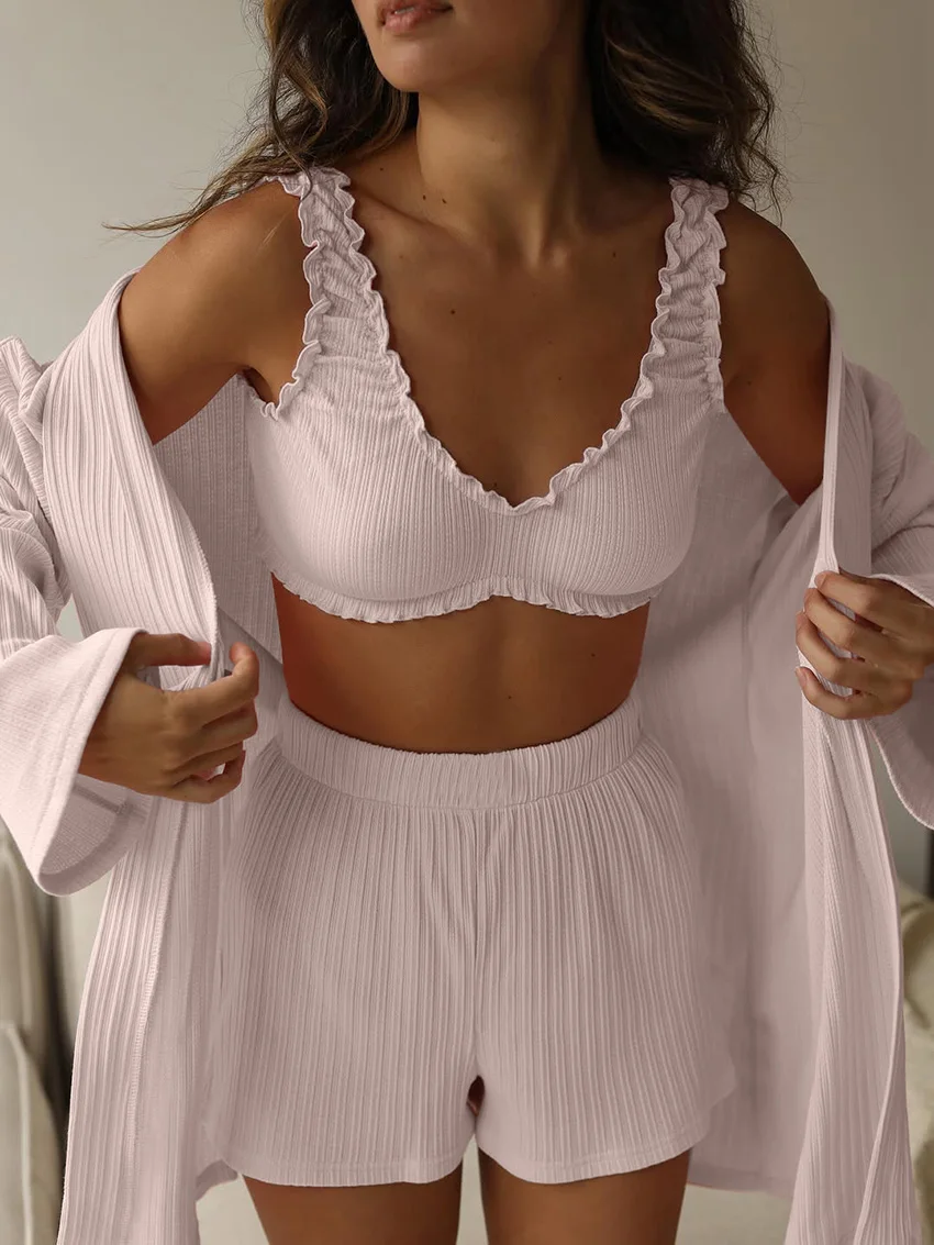 Marthaqiqi بيجامة نسائية غير رسمية 3 قطعة بدلة مثيرة بدون أكمام ثوب نوم بأكمام طويلة ورقبة على شكل حرف v ملابس نوم قصيرة ملابس منزلية للسيدات