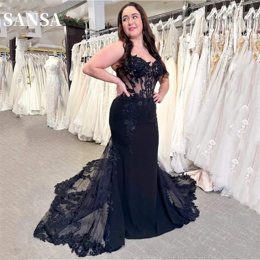 Sansa Black Lace Embroidery Tulle Prom Dress 2024 Heart Shaped Neck Vestidos De Noche Long Tail Mermaid Graduation Ball Dress