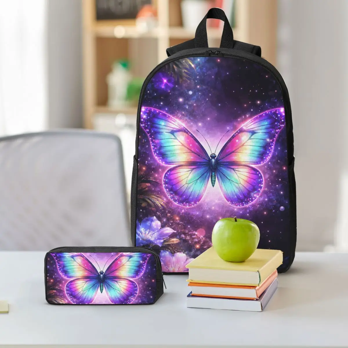 Vibrant Butterfly And Flower Pattern Backpack Boys Girls BookBag School Bag Shoulder Bags 3ps Insulated Lunch Bag Pencil Case
