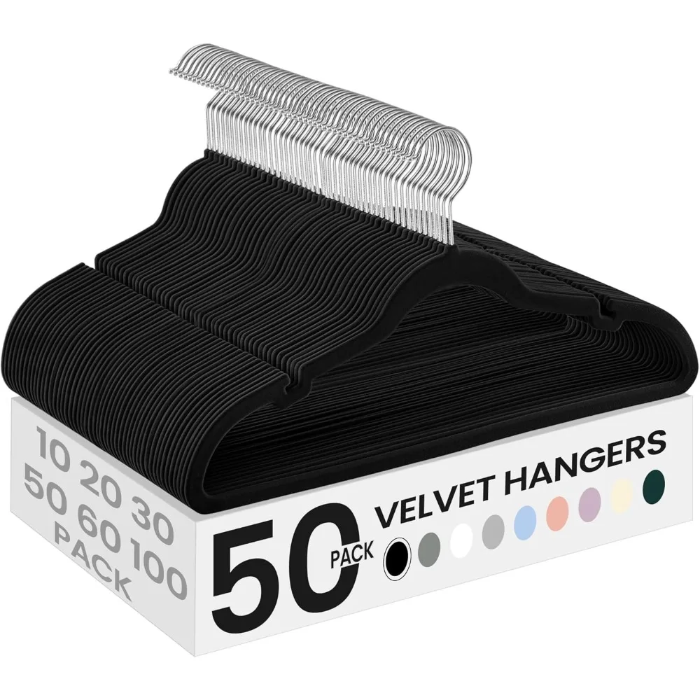 

Fifty Velvet Non-Slip Hangers with Notches Pants Bar Swivel Hook Space Saving Closet Ink Black