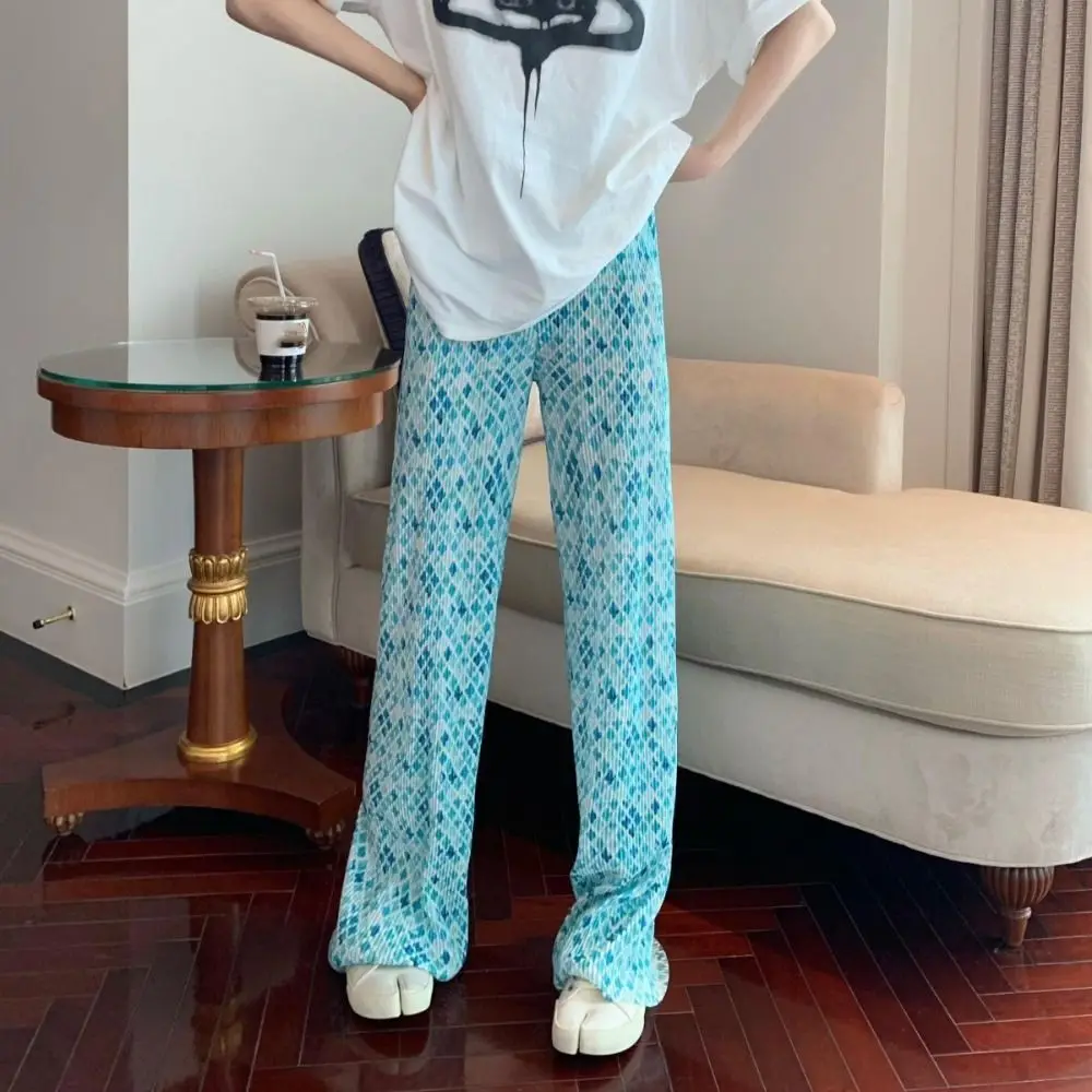 

Gradient Ice Silk Wide Leg Pants Straight High Waist Tie Dye Pleated Pants Dropping Feeling Baggy Trousers Flower Yamamoto Pants