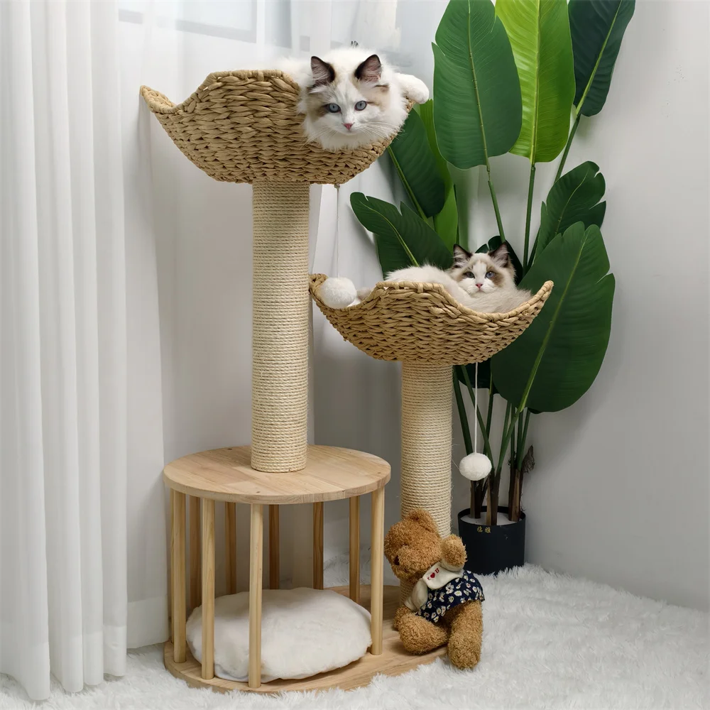 3 ชั้นแมวเบาะ Plush Napping Perches ลูกแมวคอนโด Sisal เชือกโพสต์และแขวนของเล่น Tower สําหรับในร่ม Kitties