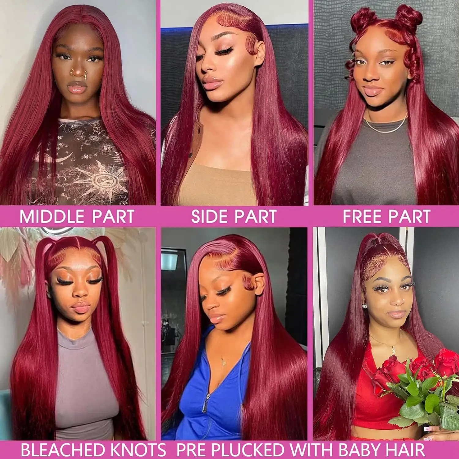 30 Inch 99j Burgundy Lace Front Wigs Human Hair Pre Plucked Straight 13x4 HD Lace Front Wigs 200 Density Baby Hair Around