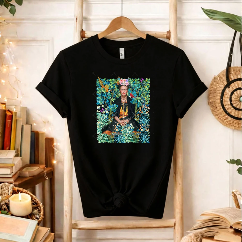 Camiseta Mexicana Frida Kahlo para Mujer, Diseño Floral Tropical con Aves, Camiseta Gráfica Vintage de Artista, Algodón, Manga Corta, Estilo Retro Boho, Top Informal