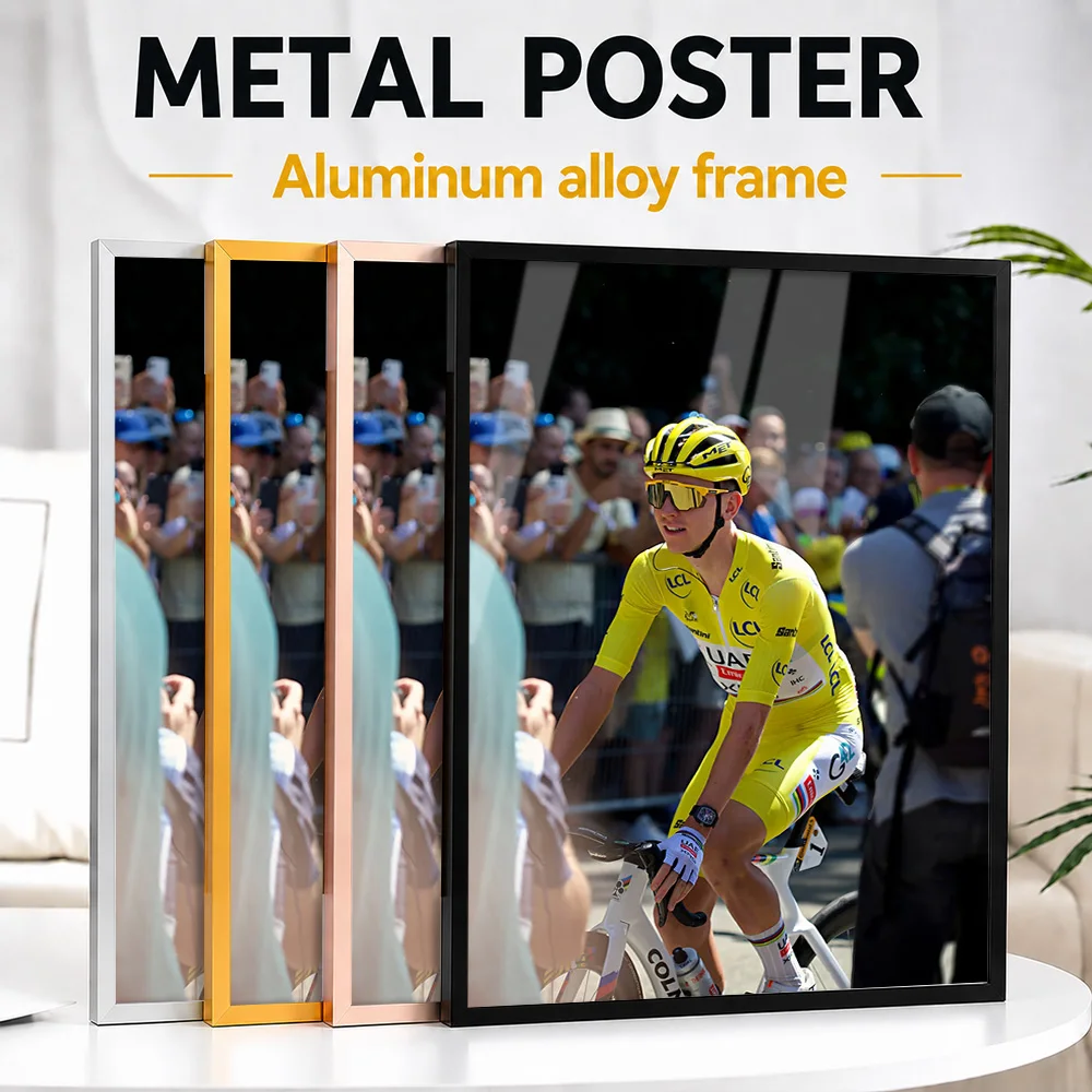 Cycling Champion In Yellow Jersey Framed Metal Print Customized Photo Scenic Road Style Wall Art For Garage Memorable Fan Gift