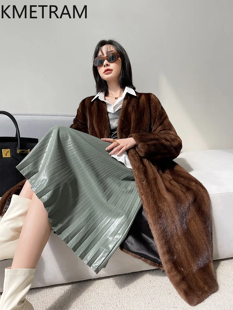 

KMETRAM Natural Mink Fur Jacket Women's Leather Fur Coats Retro Coffee Long Real Fur Coat Woman Winter Clothes 2026 шуба женская