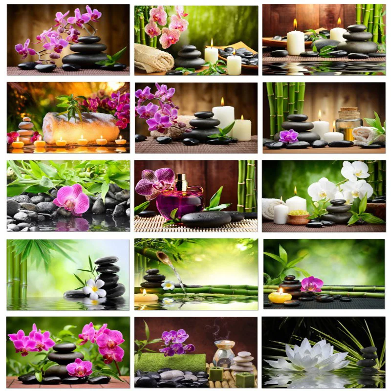 Pintura de Diamantes Zen Spa Stone Green Bamboo, Impresiones y Pósters de Arte de Bodegones, Cuadro Decorativo para Pared, Decoración del Hogar para Sala de Estar