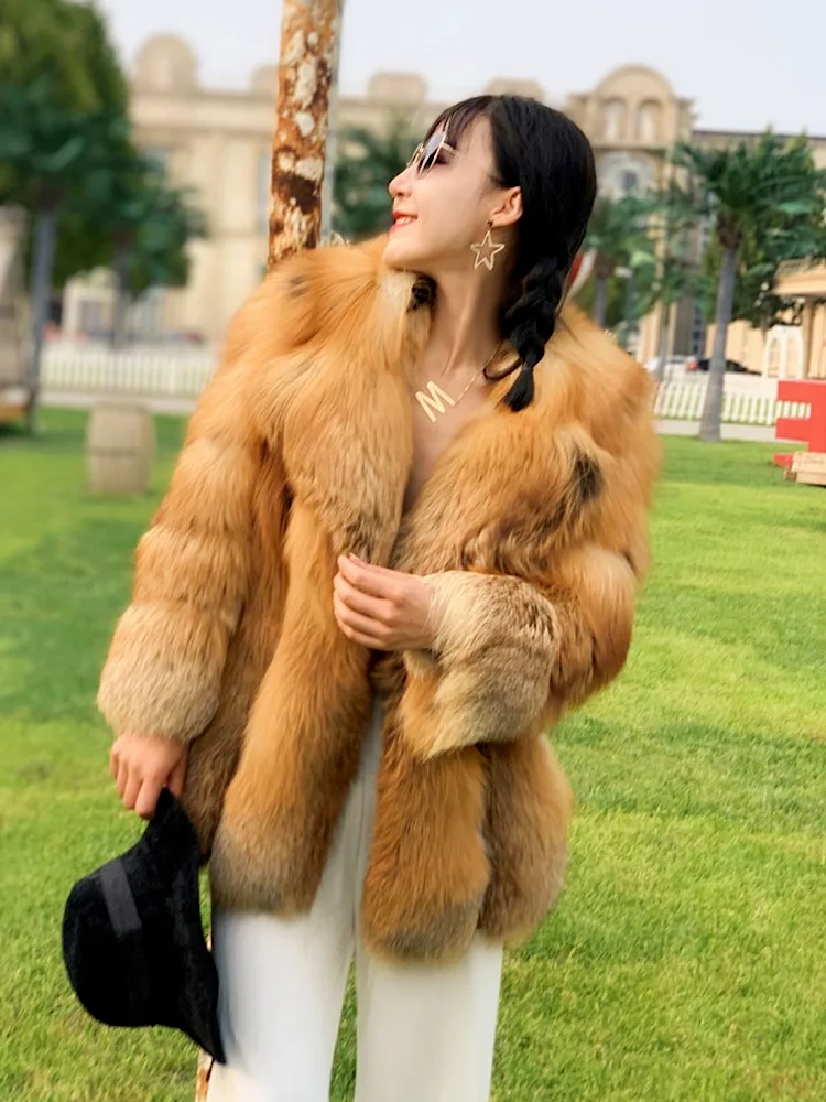 Hot-selling New Fashion Red Fox Fur Coat Suit Lapel Young Mid-Length Real Fur Women's Fur Coat