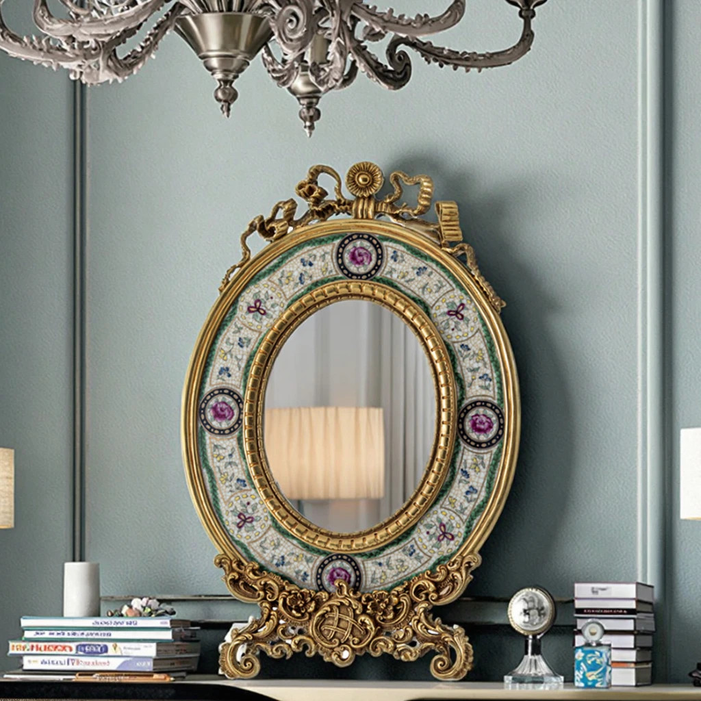 &c  European Vintage Ornate Gold Metal Tabletop Makeup Mirror with Bird Luxury Decorative Mirror for Bedroom Table Home Decor