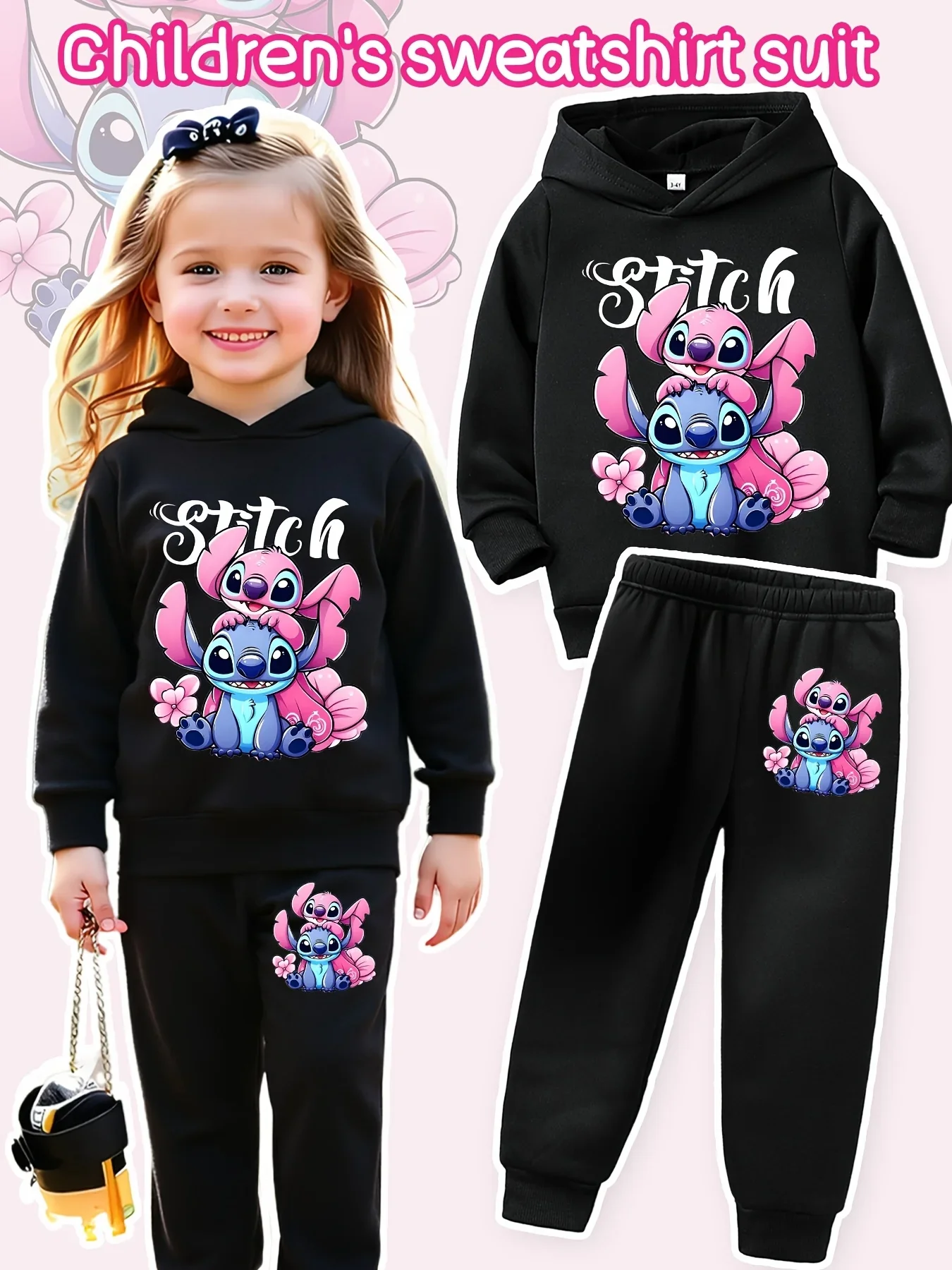 Conjunto de sudadera y pantalones de manga larga con capucha para niños de Disney Stitch, conjunto de 2 piezas adecuado para ropa infantil de otoño