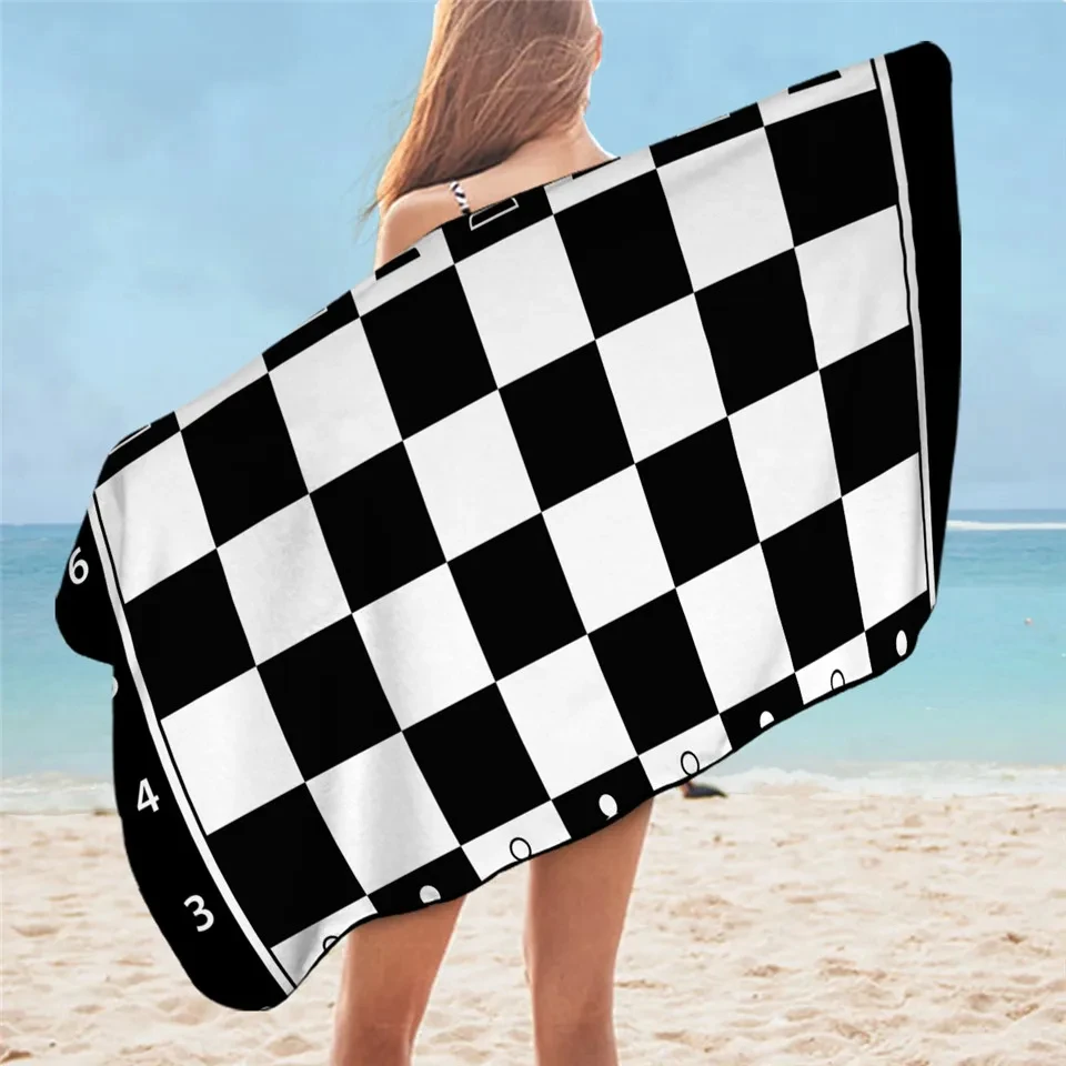 Chess Board Bath Towel Games Microfiber Beach Towel Black and White Picnic Mat 80x160cm Rectangle Teen Thin Blanket Bath Towels